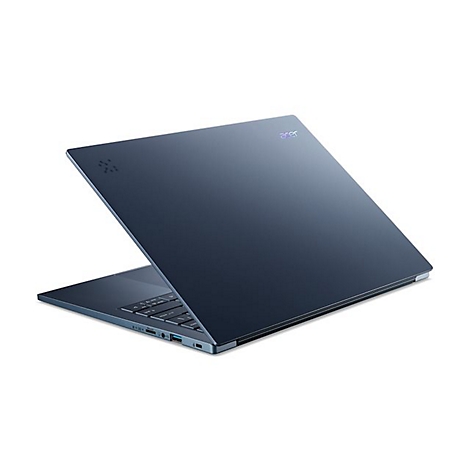Dunkelblauer Laptop, leicht geöffnet, vor weißem Hintergrund. Das Acer-Logo ist sichtbar.