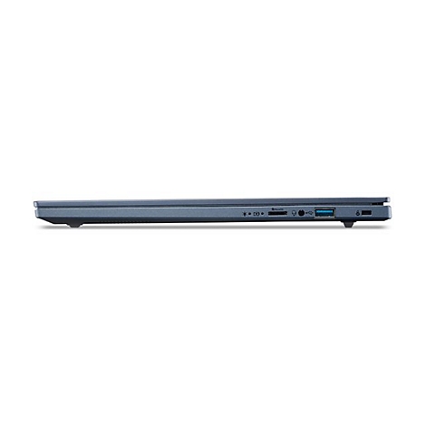 Dunkelblauer Laptop, Seitenansicht. Anschlüsse: USB, Kopfhörer, SD-Kartenleser, Strom. Weißer Hintergrund.