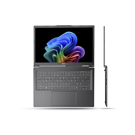 Grauer Laptop mit geöffnetem Deckel, der Tastatur und Bildschirm zeigt. Der Bildschirm zeigt ein farbenfrohes, abstraktes Muster. Die Seite zeigt die Dicke des Geräts.