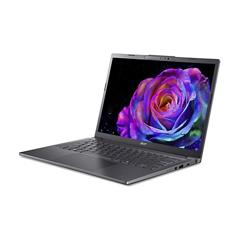 Dunkelgraues Acer Laptop; Display zeigt eine farbenfrohe Rosenblüte.