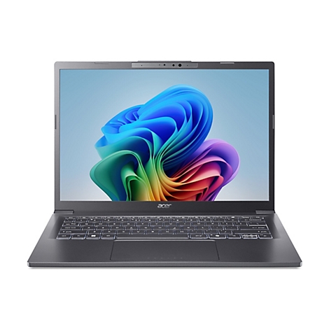 Ein grauer Laptop mit beleuchteter Tastatur. Der Bildschirm zeigt ein abstraktes, farbenfrohes Muster. Das Acer Logo ist sichtbar.