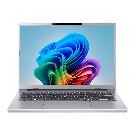 Ein silberner Laptop mit geöffnetem Display. Auf dem Bildschirm ein farbenfrohes, abstraktes Design vor blauem Hintergrund.