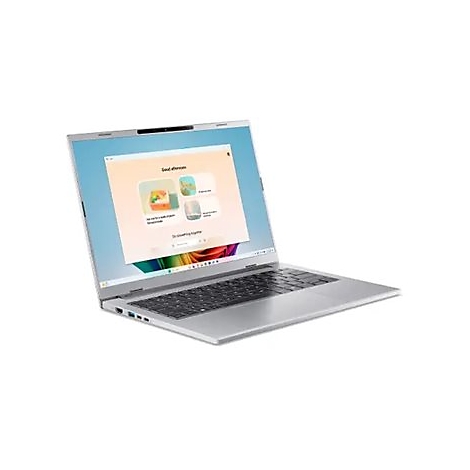 Silberner Laptop, leicht geöffnet, zeigt Startbildschirm. Tastatur, Bildschirm mit App-Icons. Webcam oben.