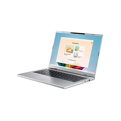 Ein silberner Laptop, geöffnet, zeigt einen Windows-Bildschirm mit geöffneten Apps. Der Bildschirm zeigt die Aufschrift "Good afternoon".