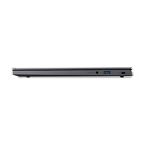 Dunkelgraues Laptop-Seitenprofil mit Anschlüssen, wie USB, Kopfhöreranschluss und Ladeanschluss.