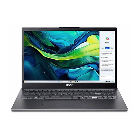 Ein grauer Laptop von Acer mit geöffnetem Bildschirm. Auf dem Bildschirm ist ein Menü namens Copilot zu sehen.