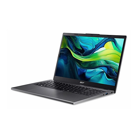 Grauer Laptop, leicht geöffnet, auf weißem Hintergrund. Der Bildschirm zeigt ein farbenfrohes Muster.