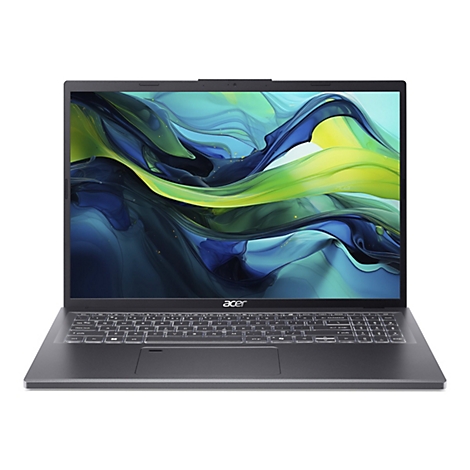 Dunkelgraues Acer Laptop mit beleuchteter Tastatur, geöffnet, Bildschirm zeigt abstraktes grünes und blaues Muster. Das Acer Logo ist am unteren Rand platziert.