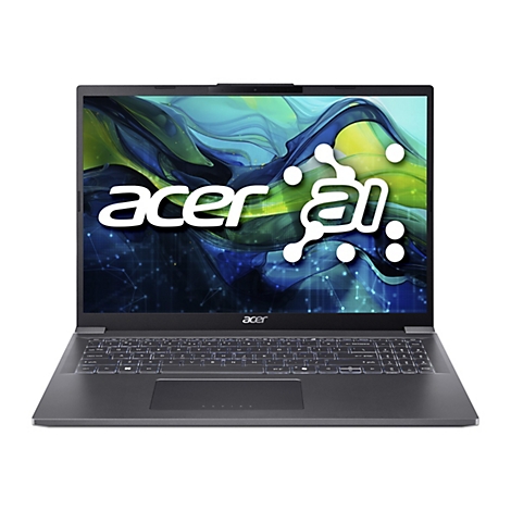 Dunkelgraues Acer Laptop mit beleuchteter Tastatur, Acer und AI-Logo auf dem Bildschirm.