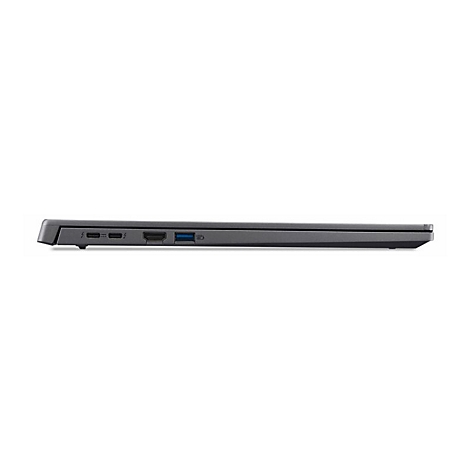 Dunkelgraues Laptop-Profil mit Anschlüssen, wie HDMI und USB-C, vor weißem Hintergrund.