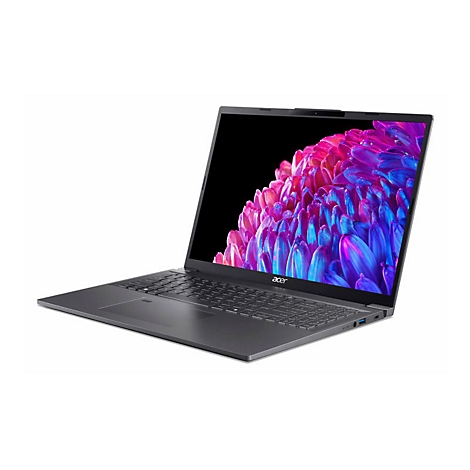 Dunkelgraues Acer-Laptop, Bildschirm zeigt abstraktes Muster. Tastatur und Logo deutlich erkennbar.