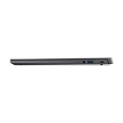 Dunkelgraues Laptop-Profil mit Anschlüssen, USB-Anschluss, Power-Button, und Kontrollleuchten.