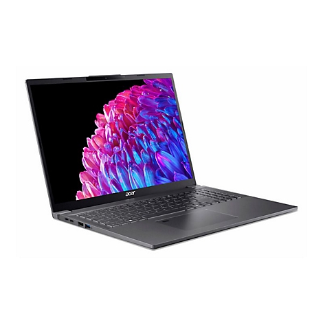 Dunkelgraues Acer-Laptop mit geöffnetem Display. Auf dem Bildschirm ein abstraktes Muster in Blau- und Lilatönen. Grauer Hintergrund.