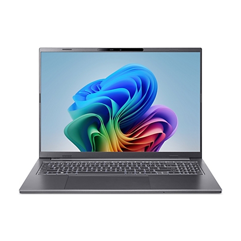 Dunkelgrauer Laptop mit schmalem Rahmen vor weißem Hintergrund und farbenfrohem, abstraktem Bildschirmhintergrund.