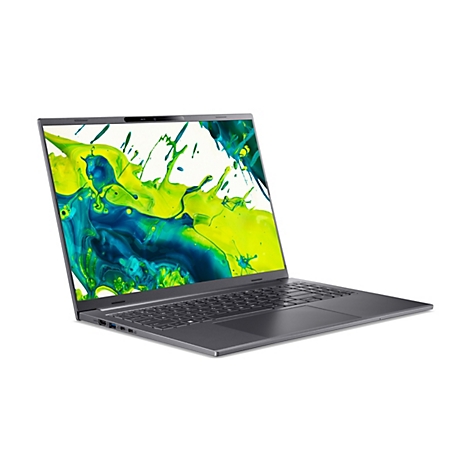 Dunkelgrauer Acer Laptop in perspektivischer Ansicht vor weißem Hintergrund mit abstraktem, grün-blauem Farbdisplay.