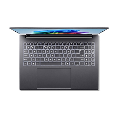 Draufsicht auf ein geöffnetes Acer-Laptop. Die Tastaturbeleuchtung leuchtet weiß. Der Bildschirm zeigt ein farbenfrohes, abstraktes Muster.