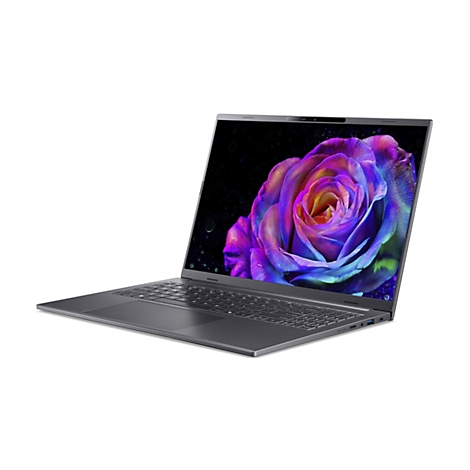 Ein grauer Laptop mit einer farbenfrohen Rosenblüte auf dem Bildschirm vor weißem Hintergrund. Der Laptop ist leicht angewinkelt, um die Tastatur und die Seitenanschlüsse zu zeigen.