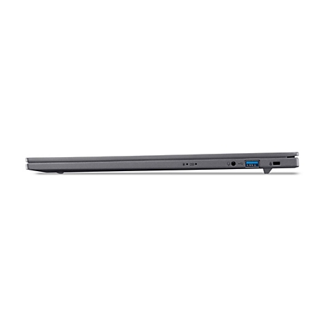 Seitenansicht eines schlanken, grauen Laptops mit sichtbaren Anschlüssen, darunter USB und Kopfhörerbuchse.