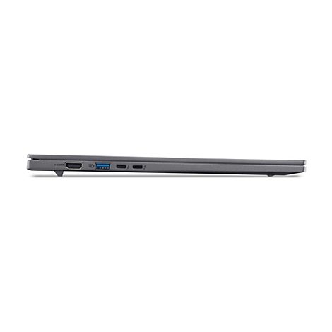 Die Seitenansicht eines grauen Laptops mit HDMI-, USB-A- und zwei USB-C-Anschlüssen vor weißem Hintergrund.