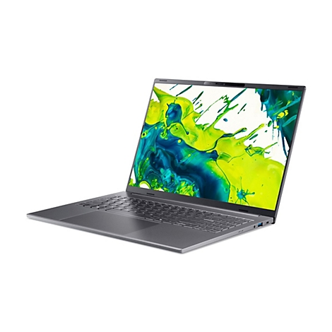 Dunkelgrauer Acer Laptop in perspektivischer Ansicht mit abstraktem, grün-blauem Farbspritzer-Hintergrundbild.