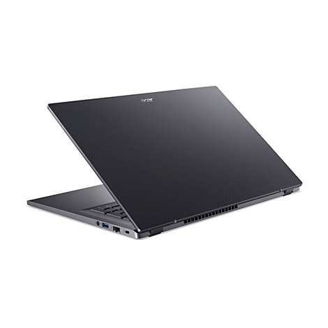 Dunkelgrauer Laptop von Acer, leicht geöffnet. Die Marke ist oben links erkennbar.