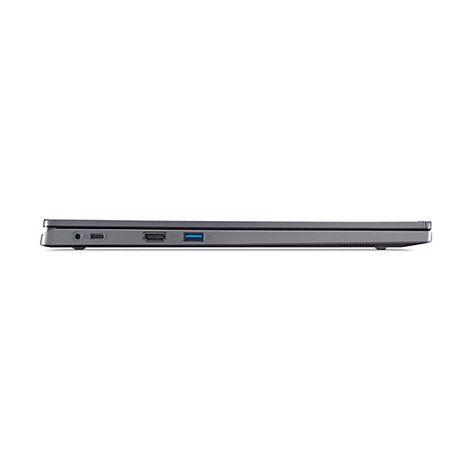Grauer Laptop von der Seite. Anschlüsse: Kopfhörer, USB, HDMI.