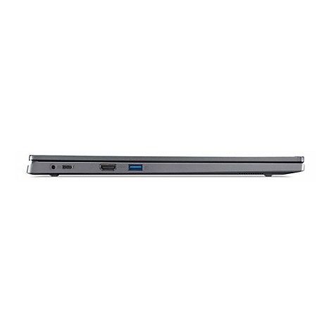 Grauer Laptop von der Seite. Anschlüsse: Kopfhörer, USB-C, HDMI, USB und Lüfteröffnungen.