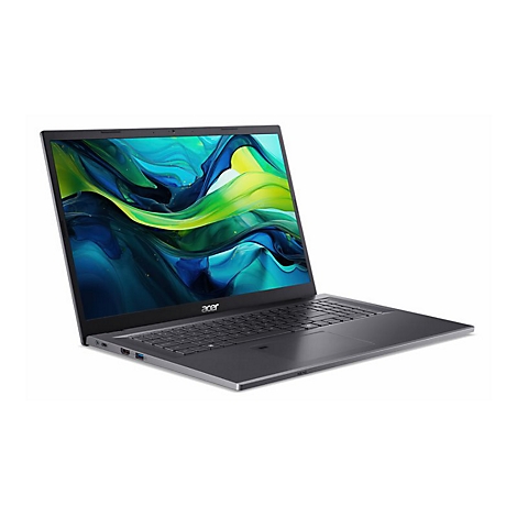 Ein grauer Laptop mit geöffnetem Deckel, der den Bildschirm zeigt. Auf dem Bildschirm ist ein farbenfrohes abstraktes Muster zu sehen, das vom Acer-Logo überlagert wird.