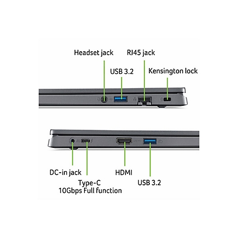 Nahaufnahme eines grauen Laptops, der seine Anschlüsse zeigt: Kopfhöreranschluss, RJ45, USB 3.2, Kensington-Lock, DC-In, Type-C, HDMI und USB 3.2.
