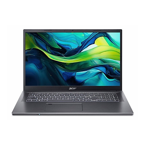 Dunkelgraues Acer Laptop mit hellen Tasten. Auf dem Bildschirm ein abstraktes Muster in Blau, Grün und Gelb. Acer-Logo unten.