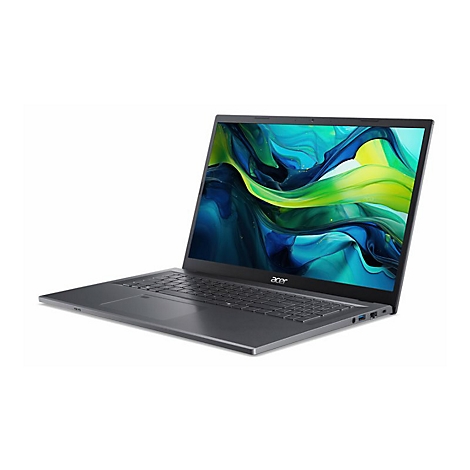 Dunkelgraues Acer-Laptop, geöffnet, auf weißem Hintergrund. Der Bildschirm zeigt ein abstraktes, farbenfrohes Design.