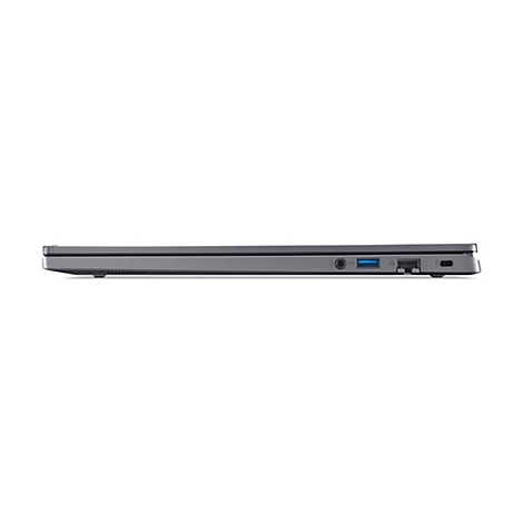 Seitenansicht eines grauen Laptops. Zu sehen sind Anschlüsse wie USB, Kopfhörer und Stromanschluss. Weißer Hintergrund.
