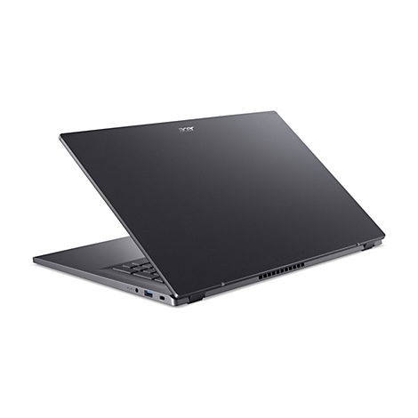 Grauer Laptop im 45-Grad-Winkel, Acer-Logo auf dem Deckel. Geöffnet, Tastatur sichtbar, USB-Anschluss, weißer Hintergrund.