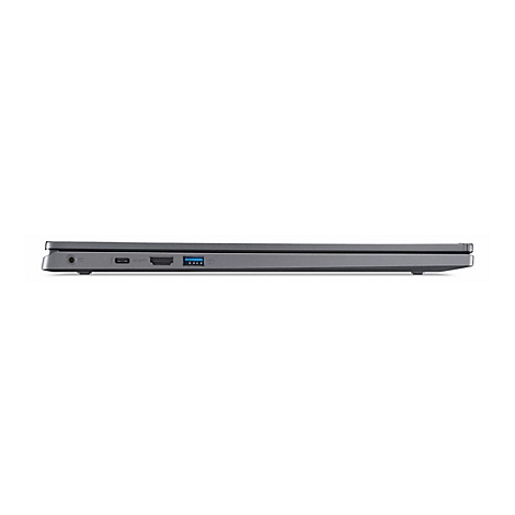 Grauer Laptop, Seitenansicht. Anschlüsse: Kopfhörer, USB-C, HDMI, USB, Ein-/Aus-Taste.