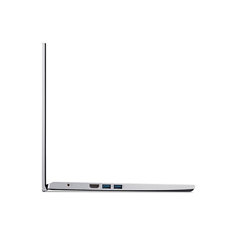 Seitliche Ansicht eines silberfarbenen Laptops, geöffnet. Man sieht die dünne Seite und die Anschlüsse.