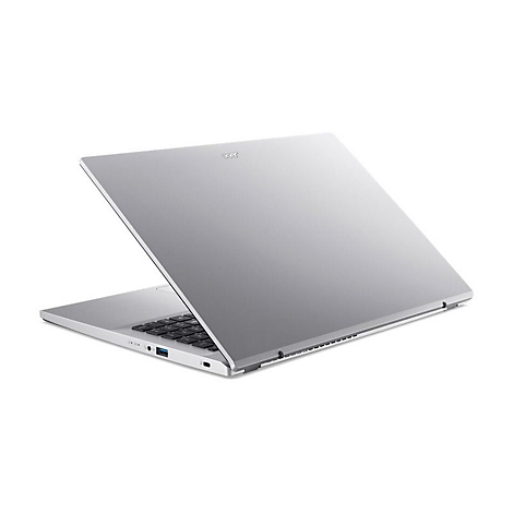 Silberner Laptop mit leicht geöffnetem Deckel. Tastatur sichtbar. Acer Logo oben rechts.