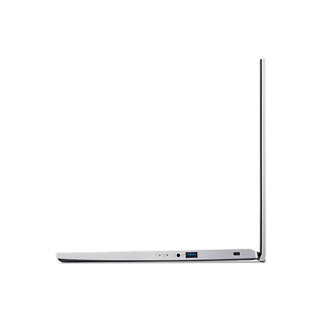Silberner Laptop im Profil, Display fast vollständig geöffnet, Anschlüsse sichtbar.