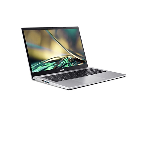 Silberfarbenes Acer Laptop, leicht angewinkelt, Bildschirm zeigt grüne und gelbe Reflexionen, schwarze Tastatur, weiße Oberfläche.