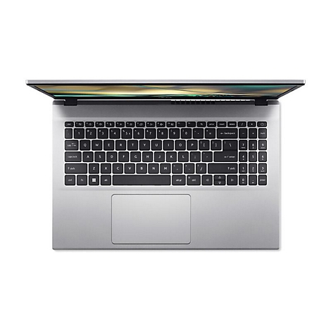 Draufsicht auf einen silbernen Laptop mit geöffnetem Bildschirm. Die Tastatur und das Touchpad sind deutlich zu sehen.