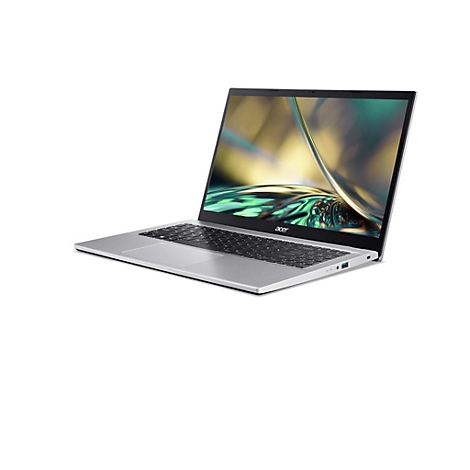 Silberner Laptop von Acer, leicht von oben links betrachtet, der Bildschirm zeigt ein abstraktes Muster.