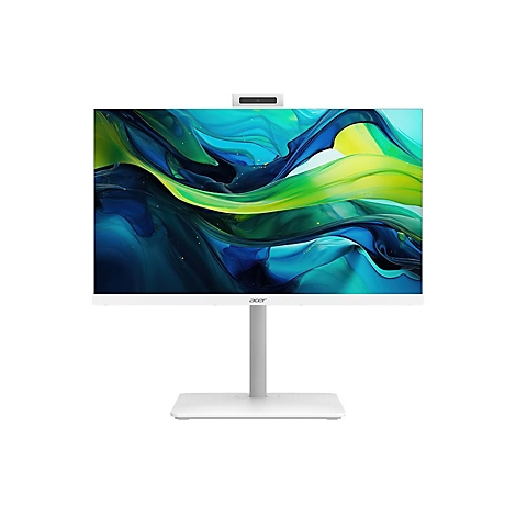 Weißer All-in-One-PC von Acer mit integrierter Webcam, aufrecht stehend. Das Display zeigt eine farbige Darstellung. 