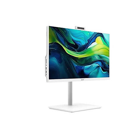 Weißer All-in-One-PC mit Bildschirm, Webcam und Standfuß, vor weißem Hintergrund.