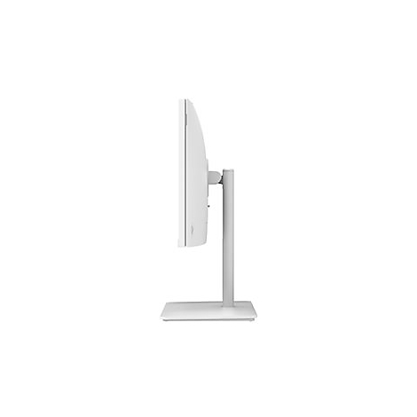 Weißer Monitor im Profil, auf weißem Hintergrund. Standfuß und Halterung aus Metall.