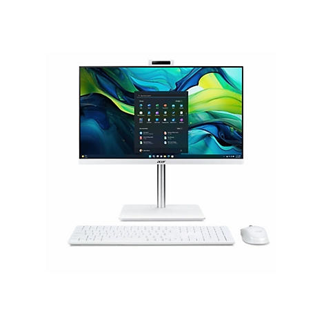 Weißer All-in-One-PC mit Tastatur und Maus. Auf dem Bildschirm sind Windows-App-Symbole zu sehen.