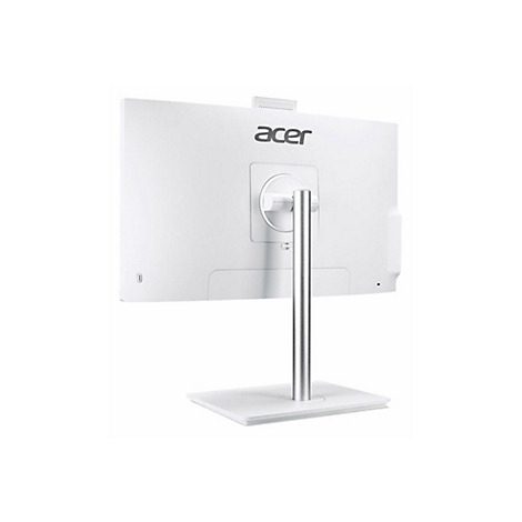 Weißer Acer All-in-One-PC, Rückansicht. Das Logo ist oben mittig angebracht. Der Bildschirm wird von einem Metallfuß gehalten.