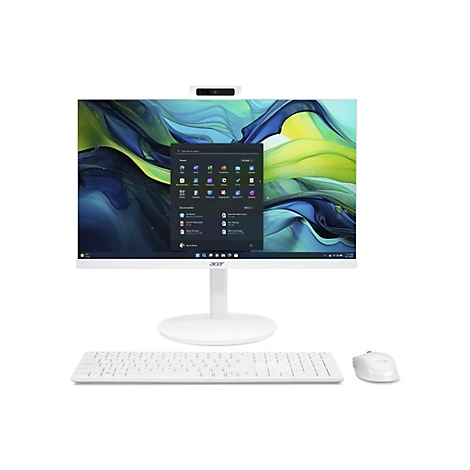 Weißer Acer All-in-One-PC mit Bildschirm, Tastatur, Maus, integrierter Webcam und Betriebssystem-Oberfläche.