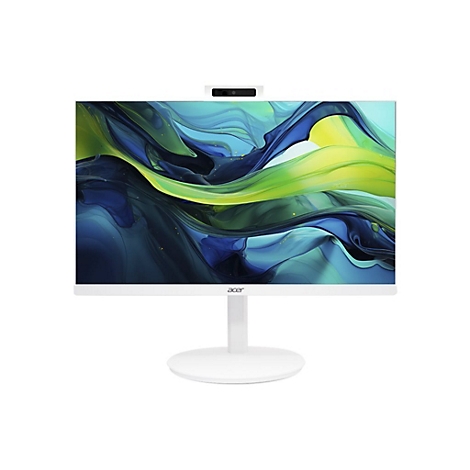 Weißer All-in-One-PC mit farbigem Bildschirmhintergrund. Oben eine Kamera, darunter der Schriftzug Acer.