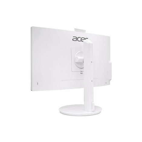 Weißer Acer-Monitor von hinten, abgewinkelt vor weißem Hintergrund. Die Halterung hat einen runden Fuß.