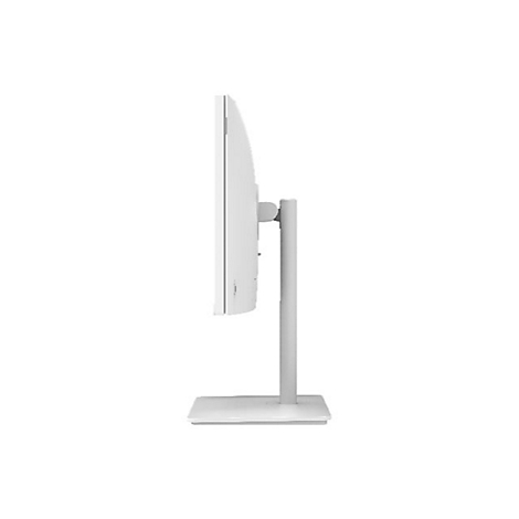 Ein weißer Monitor im Profil. Der Monitor steht auf einem grauen Ständer.