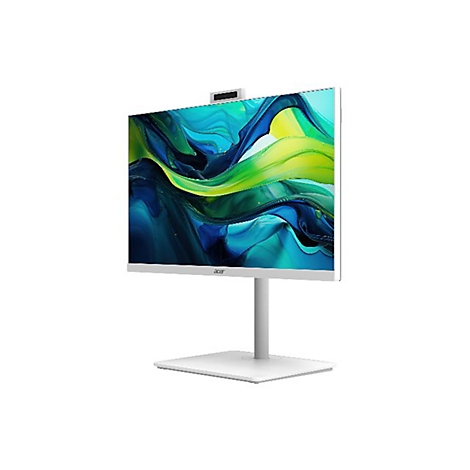 Weißer All-in-One-PC von Acer mit Bildschirm, auf dem ein farbenfrohes, abstraktes Muster dargestellt ist. Er steht auf einem weißen Ständer.